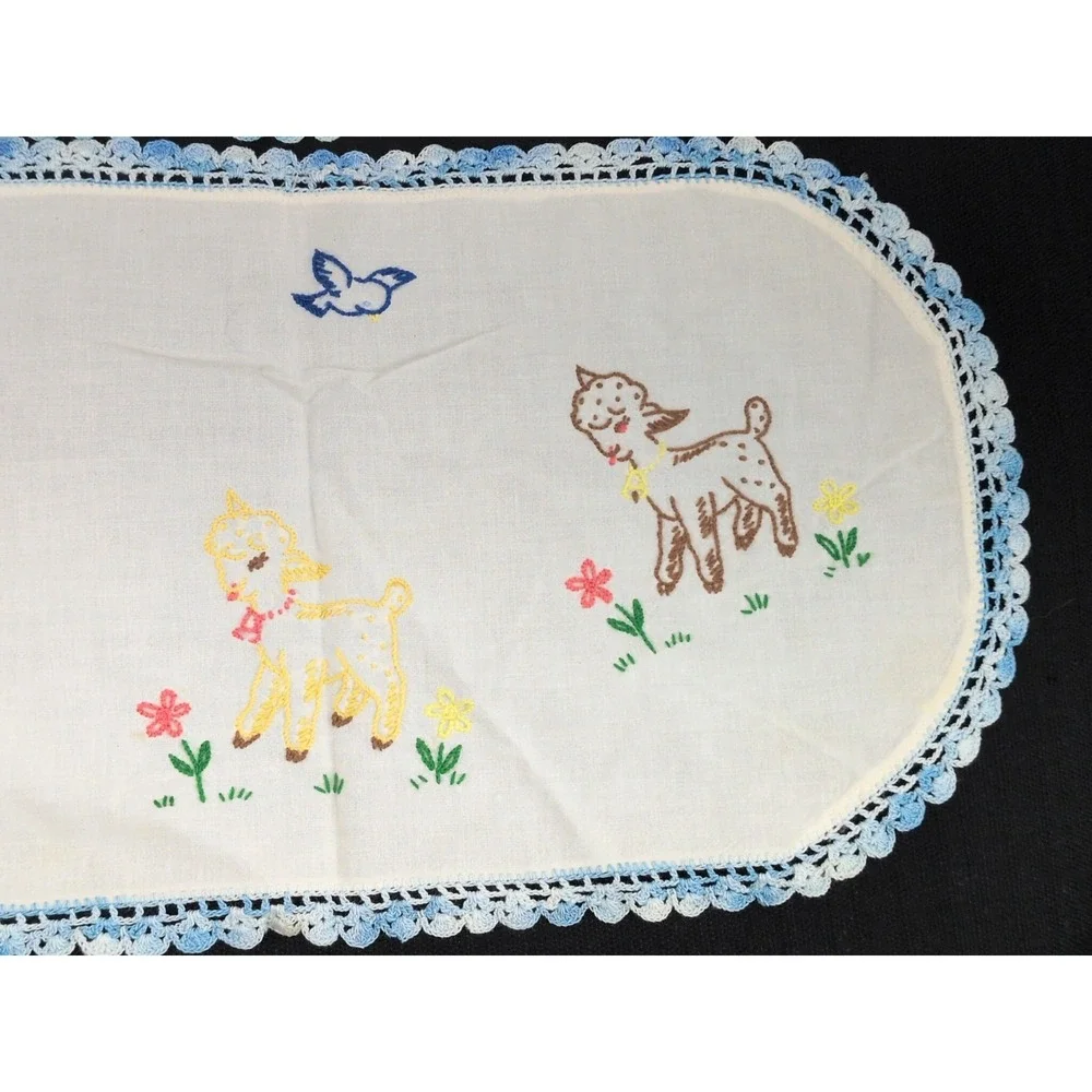 Pair VTG Handmade Embroidered Table Runner Farmhouse Farm Animals Blue Crochet